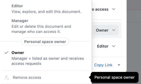 Disabled Remove access and content role options in the access role dropdown with a tooltip reading 'Personal space owner', showing the user's access can't be changed as they are the only owner