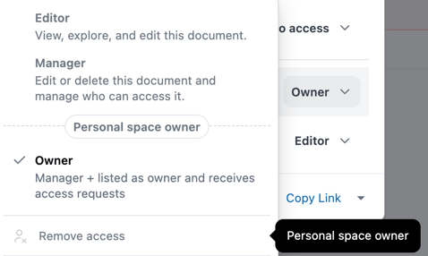 Disabled Remove access and content role options in the access role dropdown with a tooltip reading 'Personal space owner', showing the user's access can't be changed as they are the only owner
