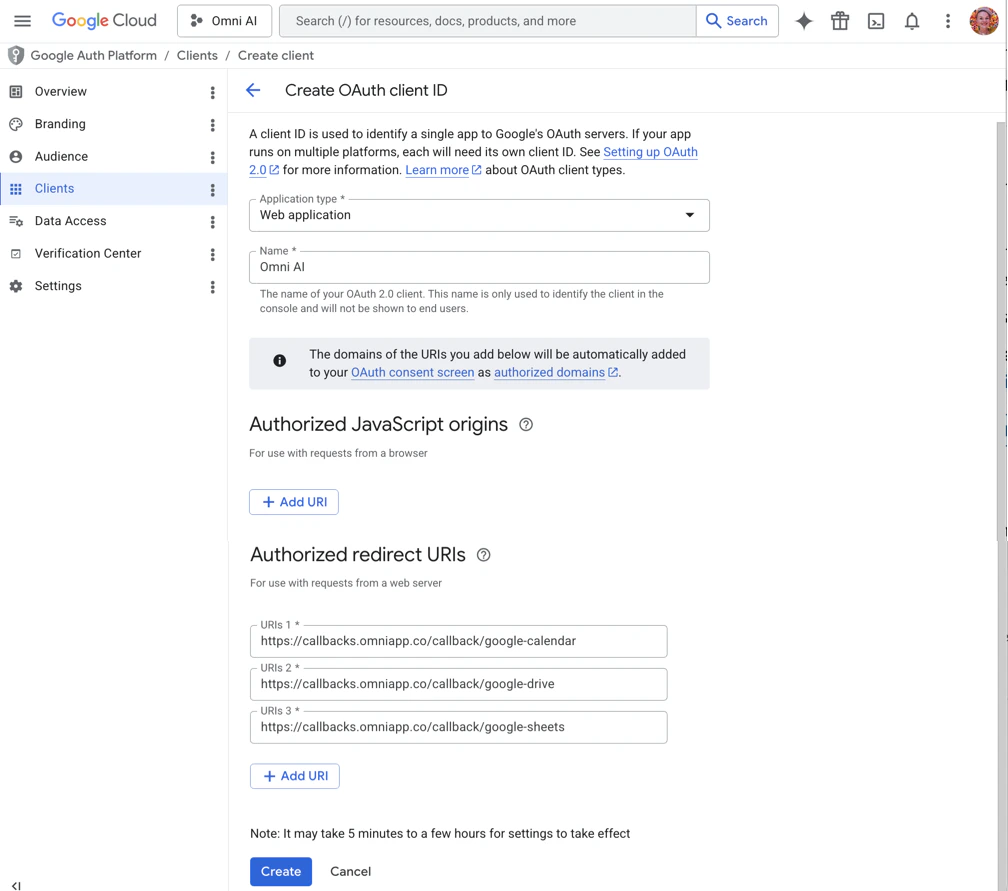 Completed OAuth client form