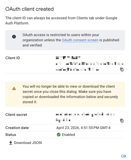Generated OAuth credentials