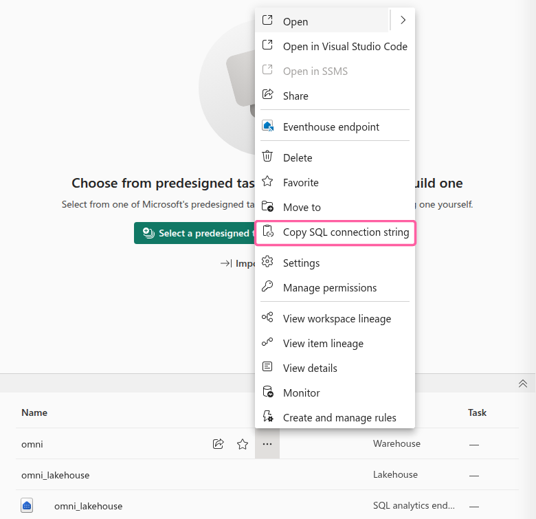 More options menu for a warehouse in the Fabric workspace item list, with the Copy SQL connection string option