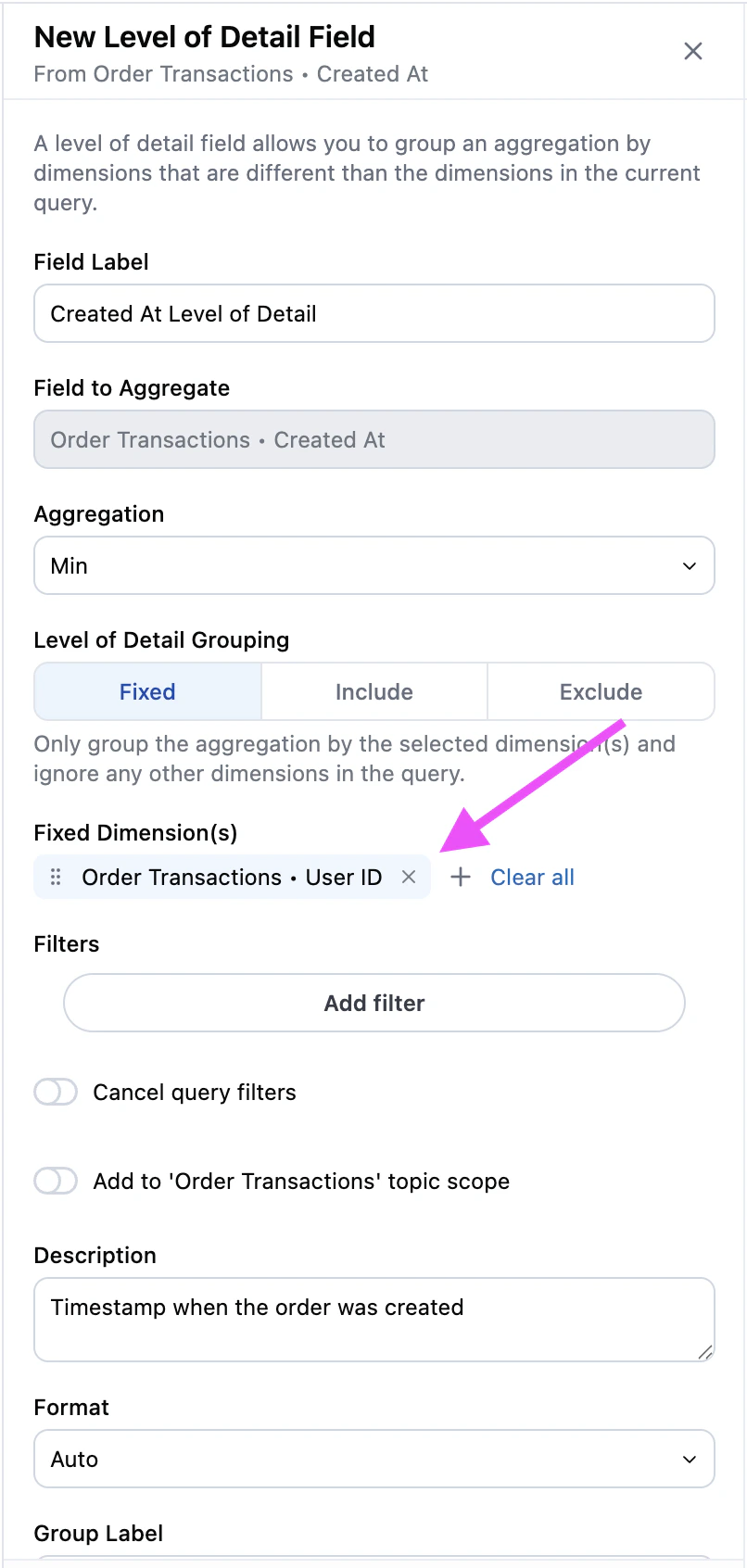 Level of Detail field configuration pane showing Fixed LoD Grouping, User ID grouping, and minimum Order Date aggregation
