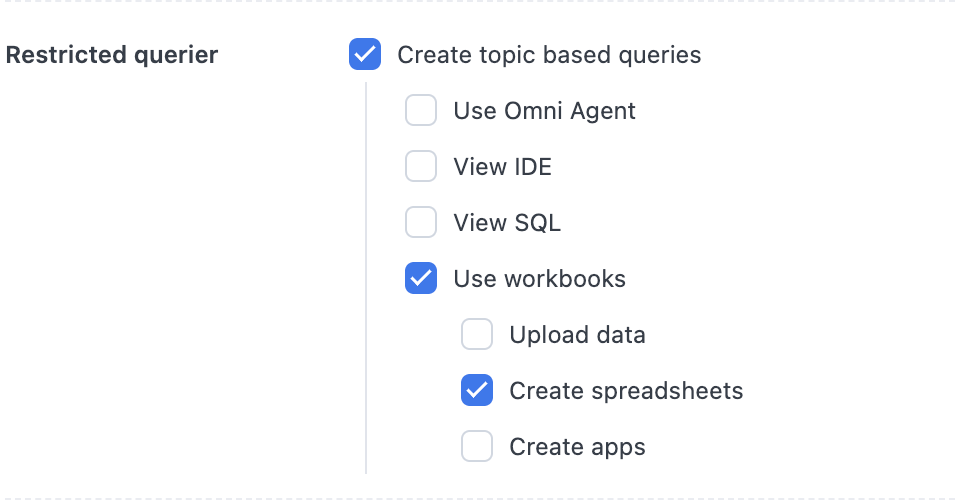 Restricted Querier tier showing Use workbooks and Create spreadsheets selected, with Upload data deselected