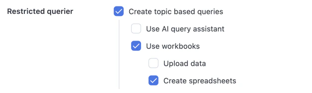 Restricted Querier tier showing Use workbooks and Create spreadsheets selected, with Upload data deselected
