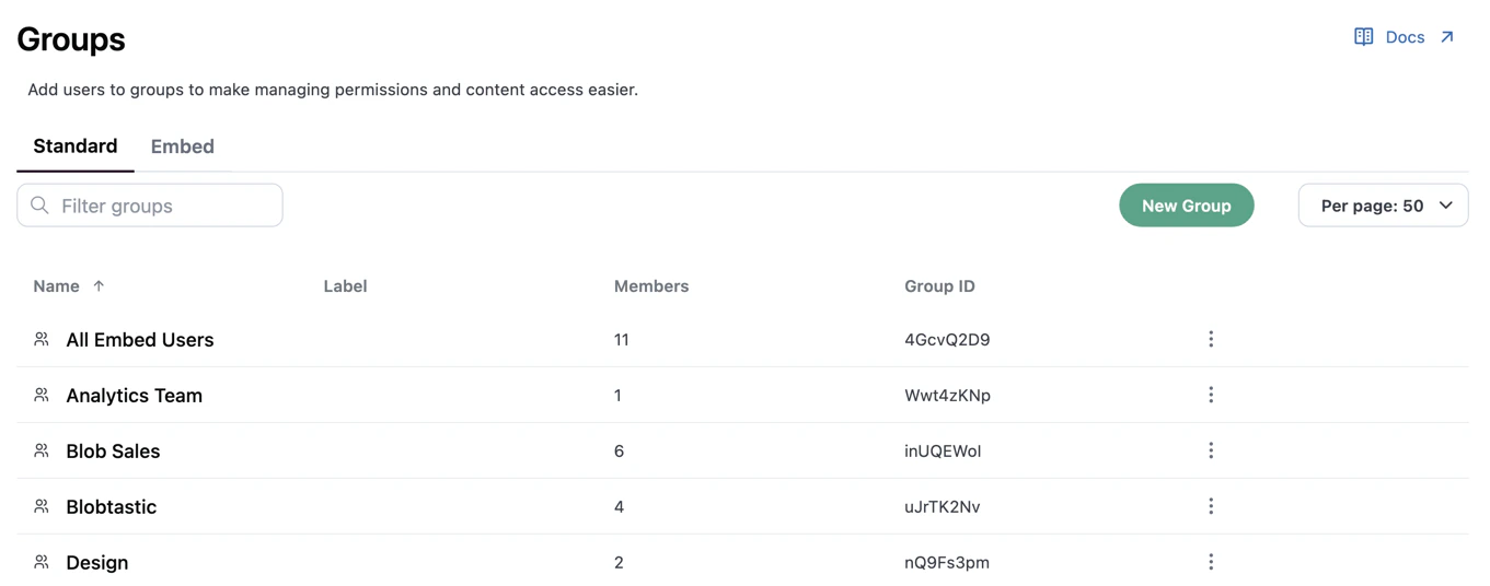 Groups page showing a list of user groups with their name, label, member count, and group ID