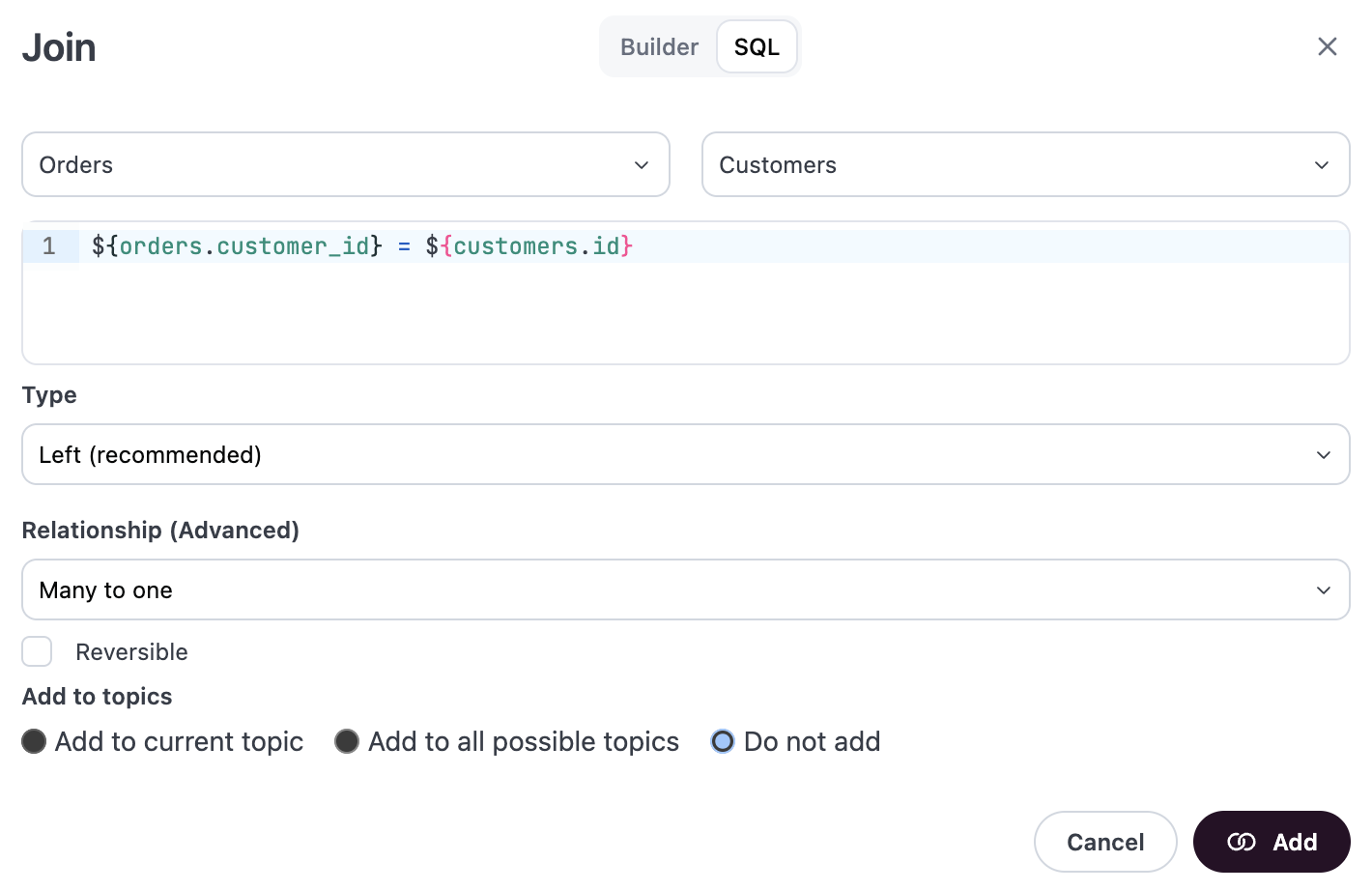 SQL tab in the join modal, useful for creating complex joins