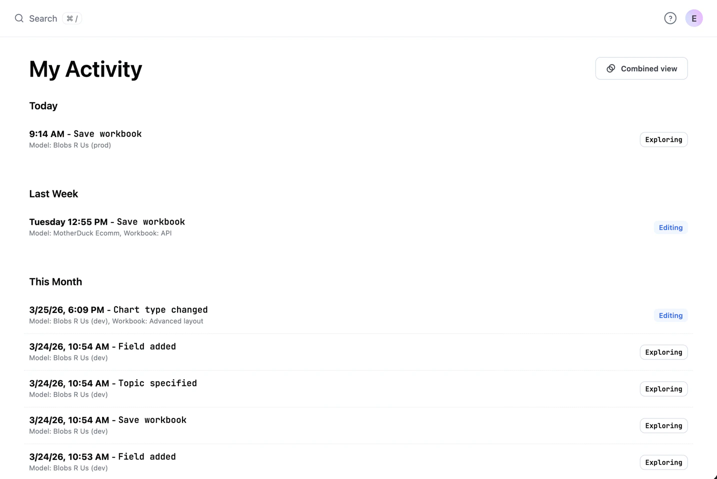 The My Activity page in classic view, showing a chronological list of actions