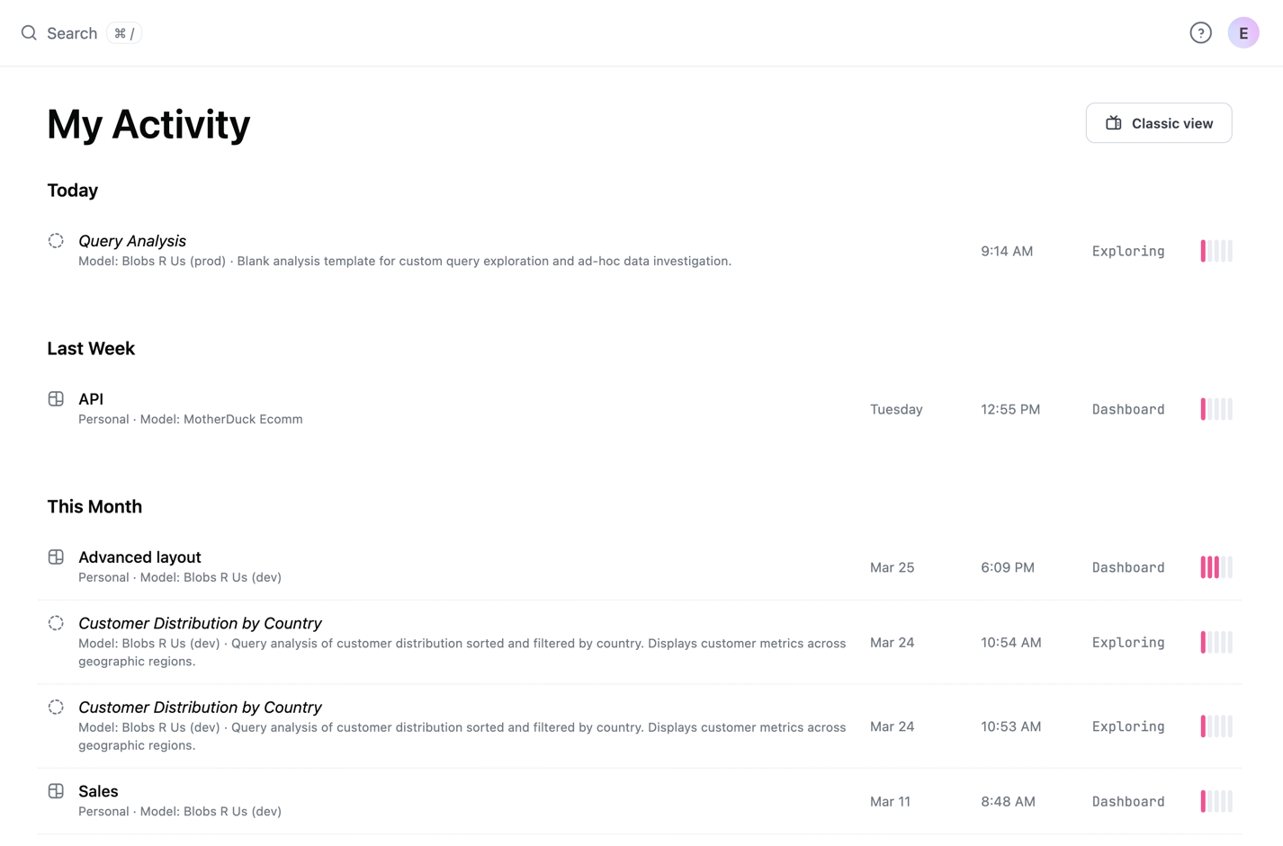 The My Activity page in combined view, showing documents grouped by time period