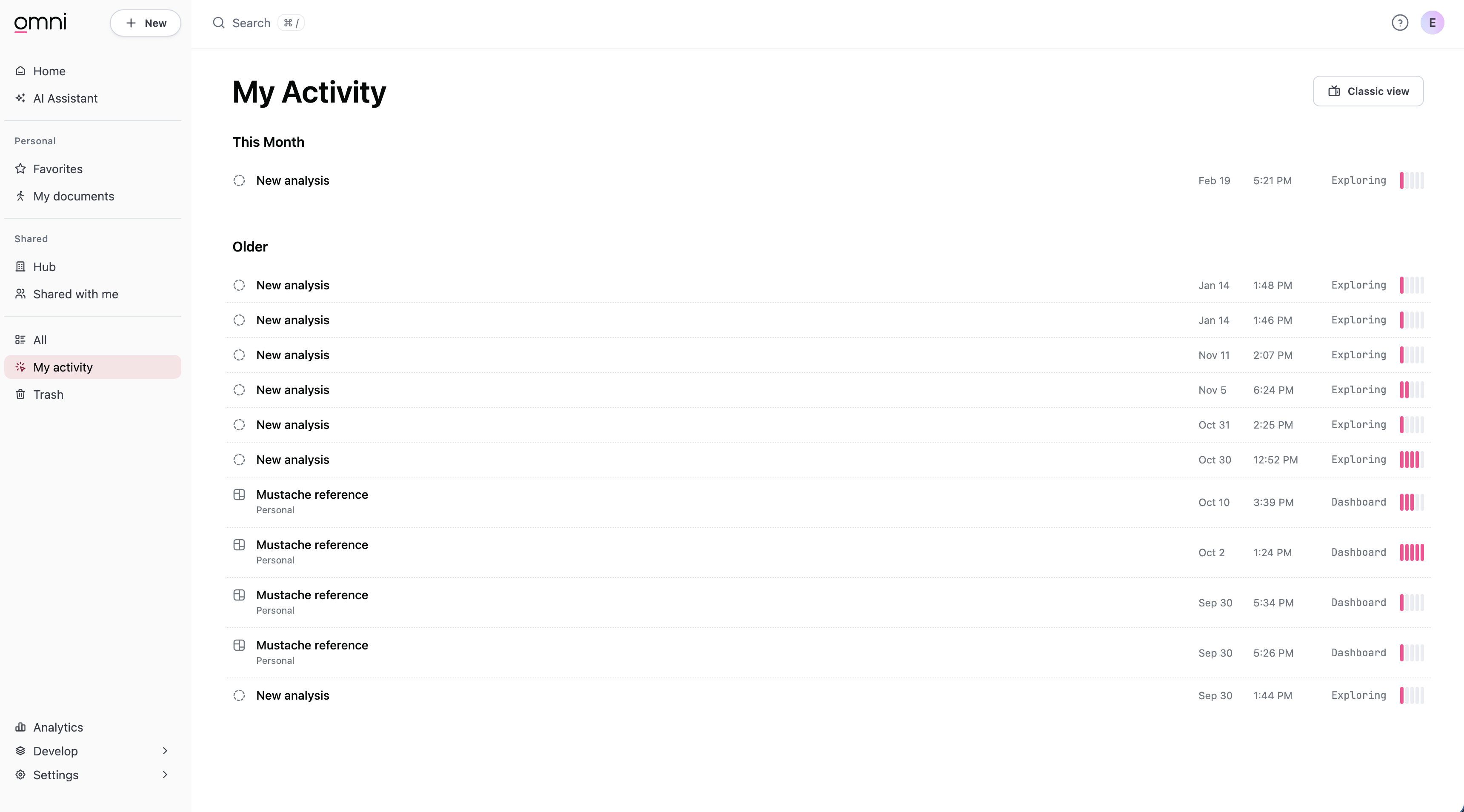 The My Activity page in combined view, showing documents grouped by time period