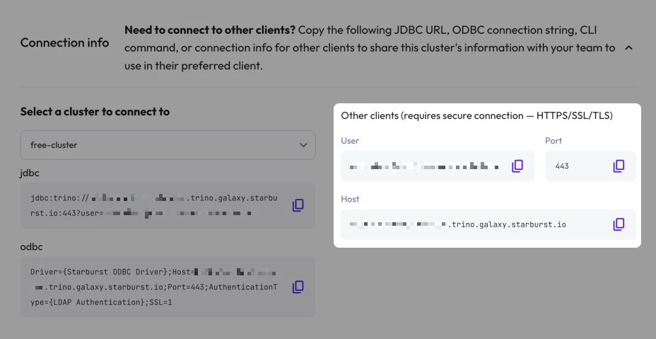 Highlighted Other Clients connection info in the Starburst Galaxy UI