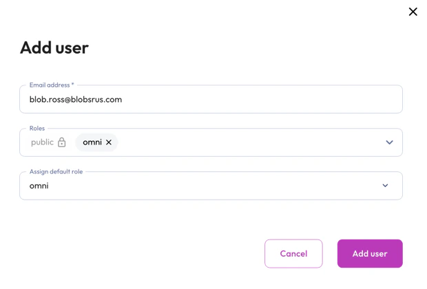 Initial settings for creating an Omni user in the Starburst Galaxy UI