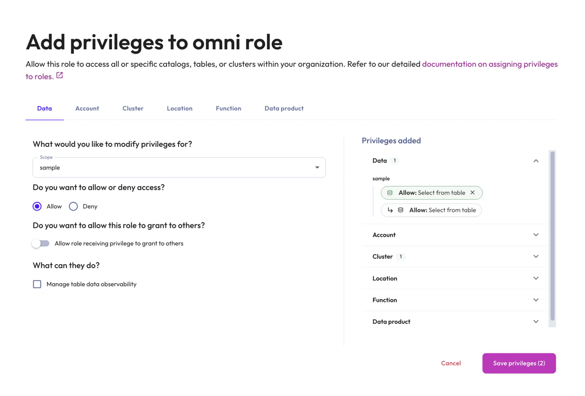 Configured data access privileges for the Omni role in the Starburst Galaxy UI