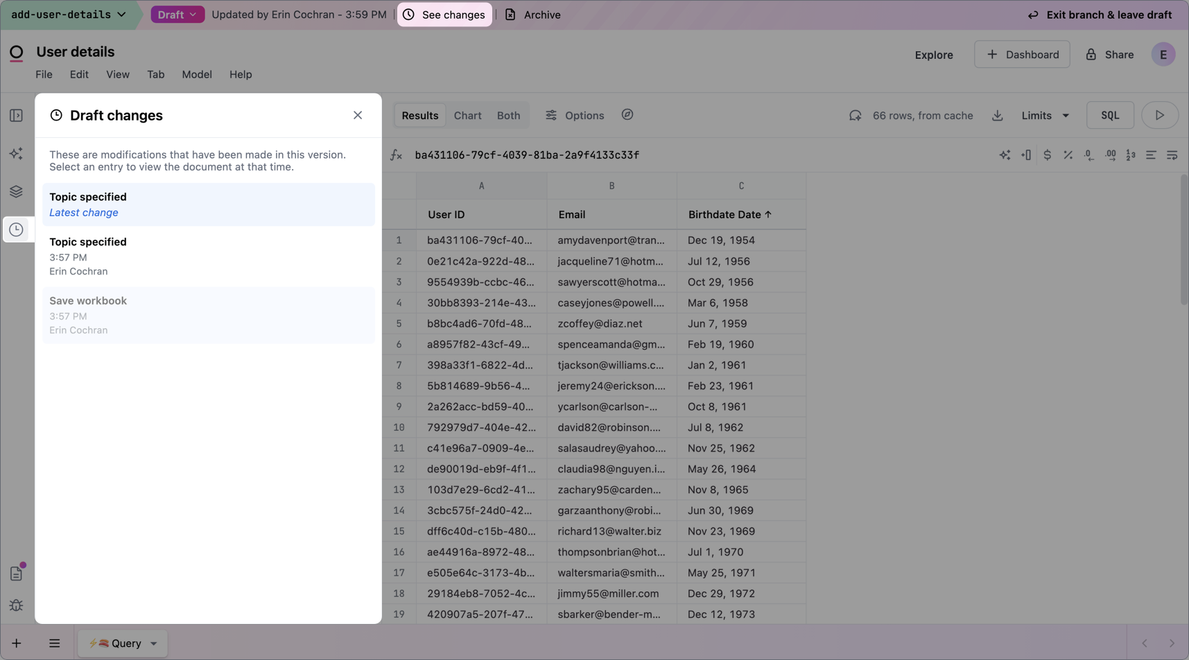 The Draft changes panel showing a list of changes made to a document