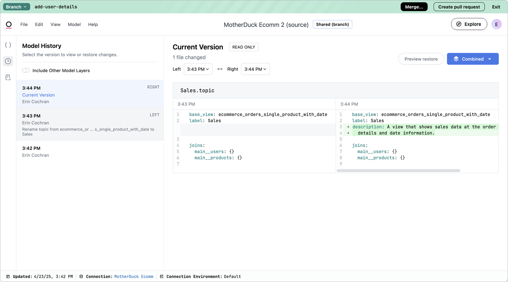 The Model history panel showing changes saved to a branch