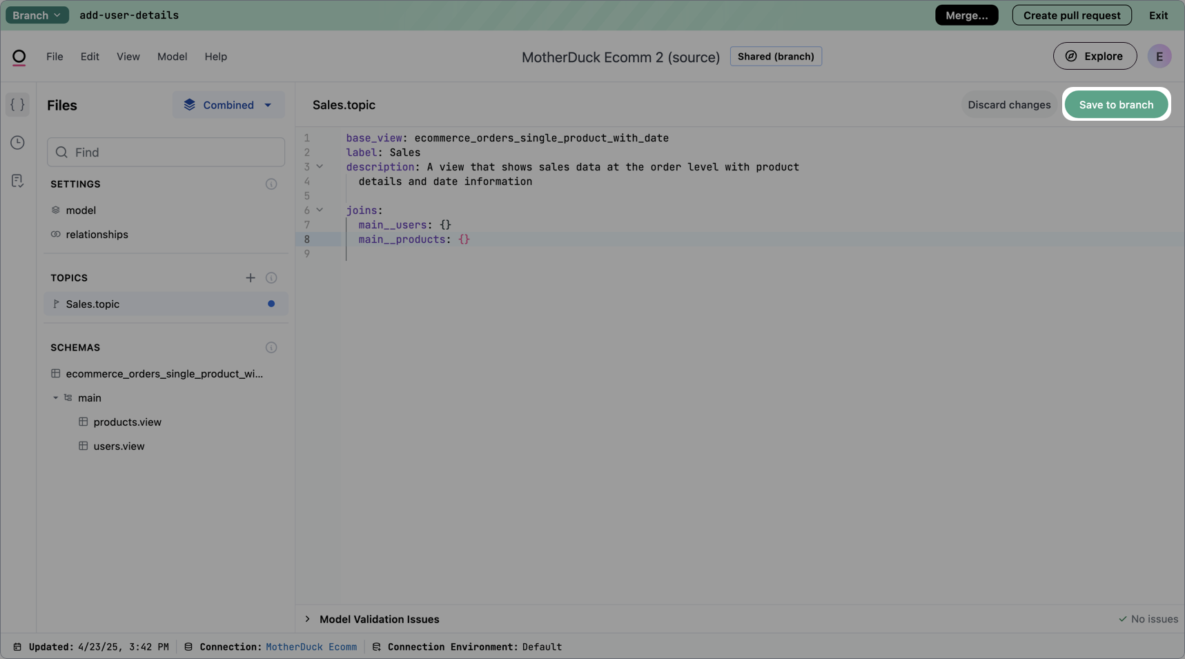 The Save to branch button in the model IDE