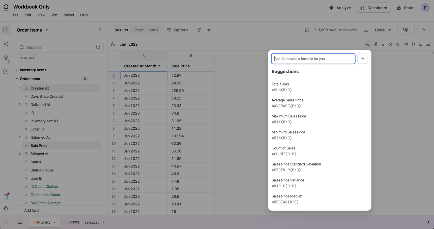 Formula suggestions list