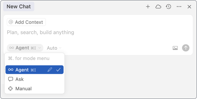 Cursor chat panel with Agent mode selected