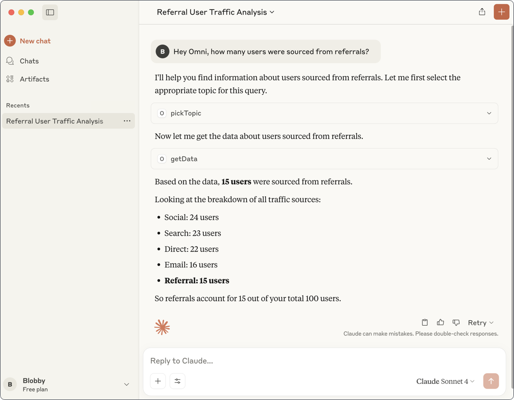 Claude Desktop chat with MCP Server running a query