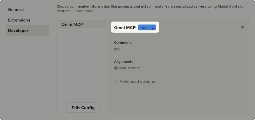 Claude Desktop MCP Server status showing running badge