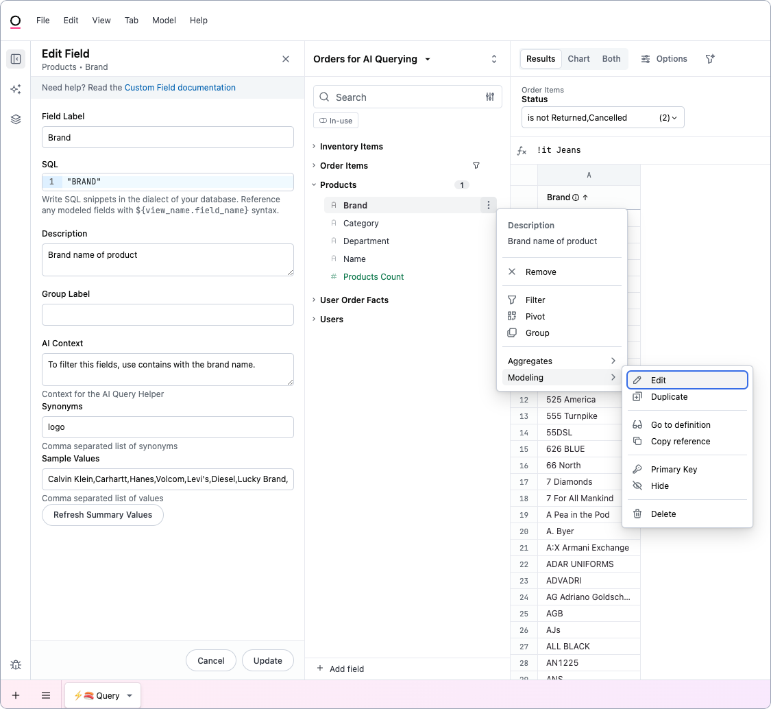 Workbook AI parameters panel