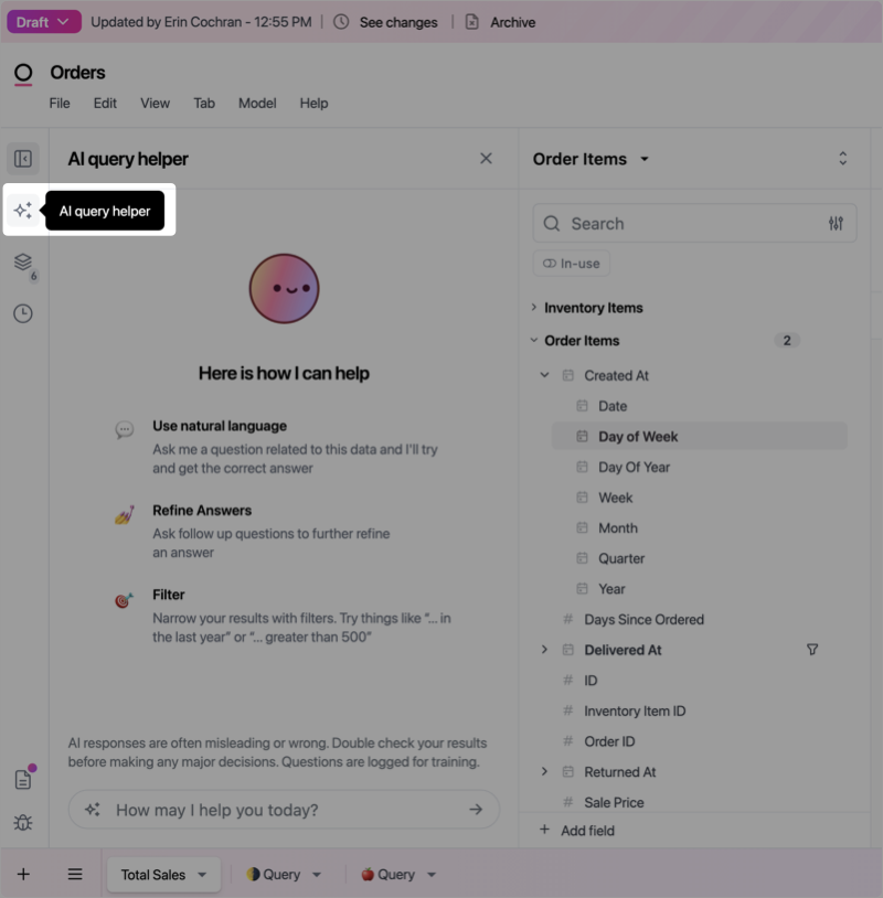 Workbook AI query helper panel