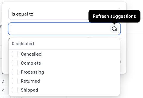 The filter suggestion menu with the refresh option enabled