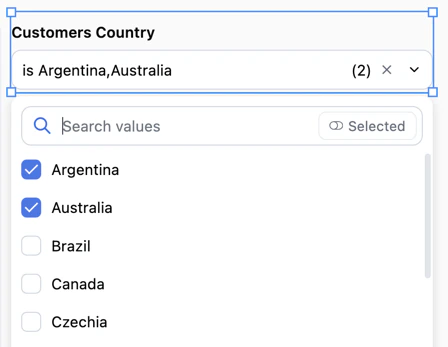 Multiple selection filter with country options