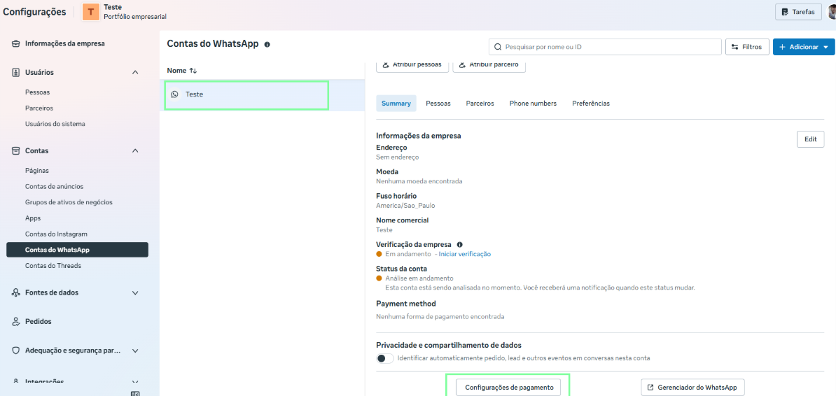 Configurações de pagamento