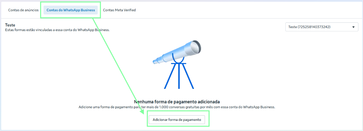 Vincular cartão à conta do WhatsApp Business