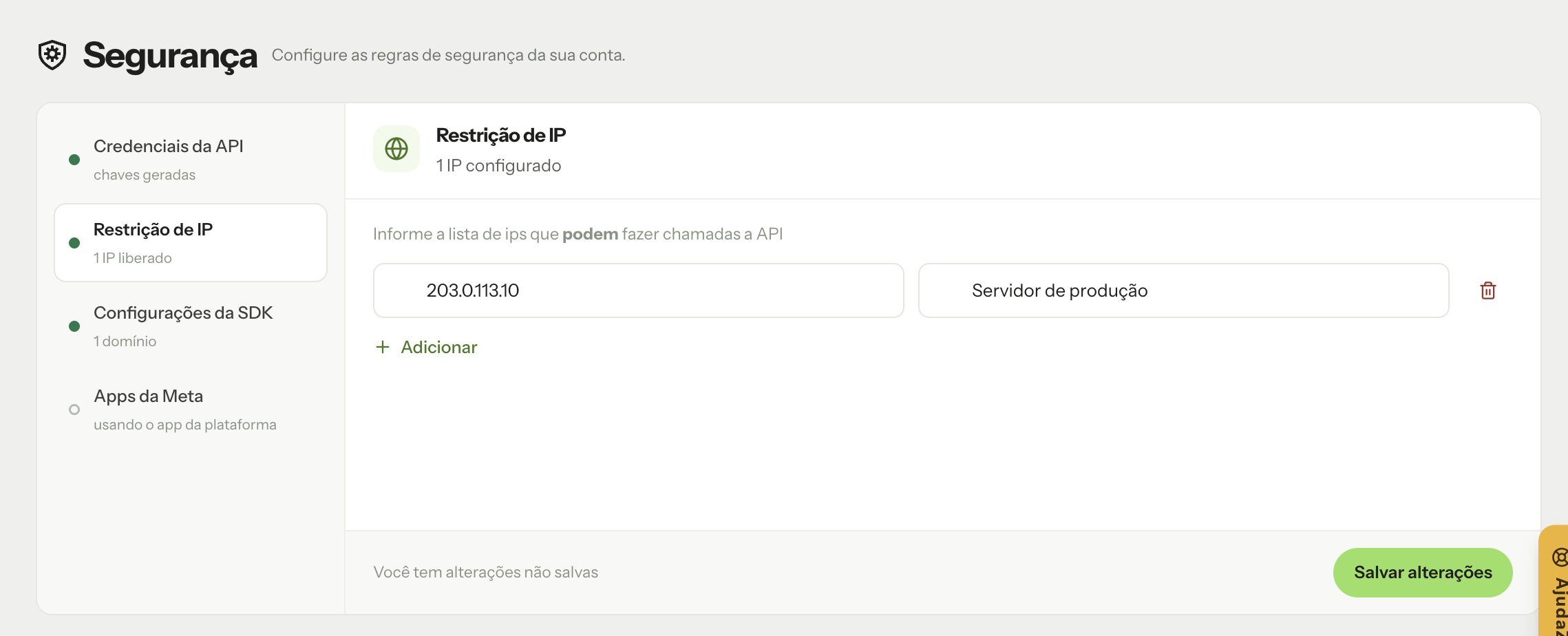 Restrição de IP no menu Segurança