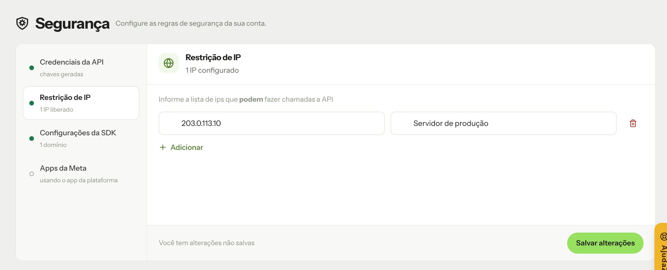 Restrição de IP no menu Segurança