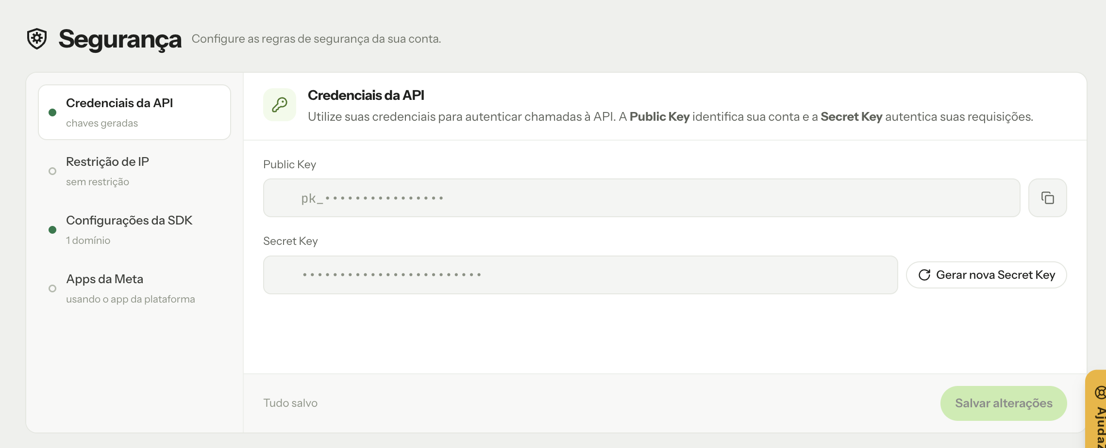 Menu Segurança do painel do Omni Z-API