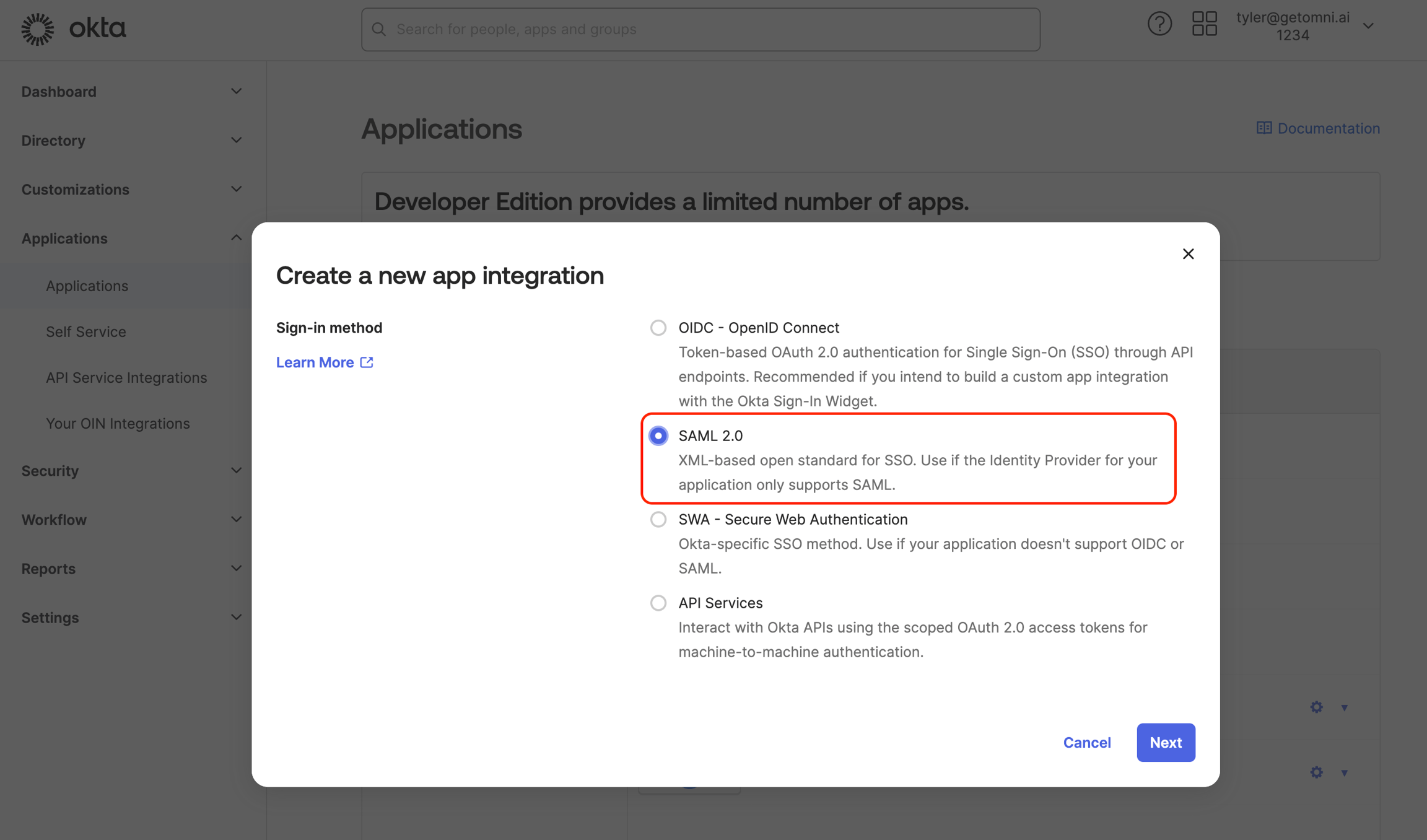 Select the SAML 2.0 application type