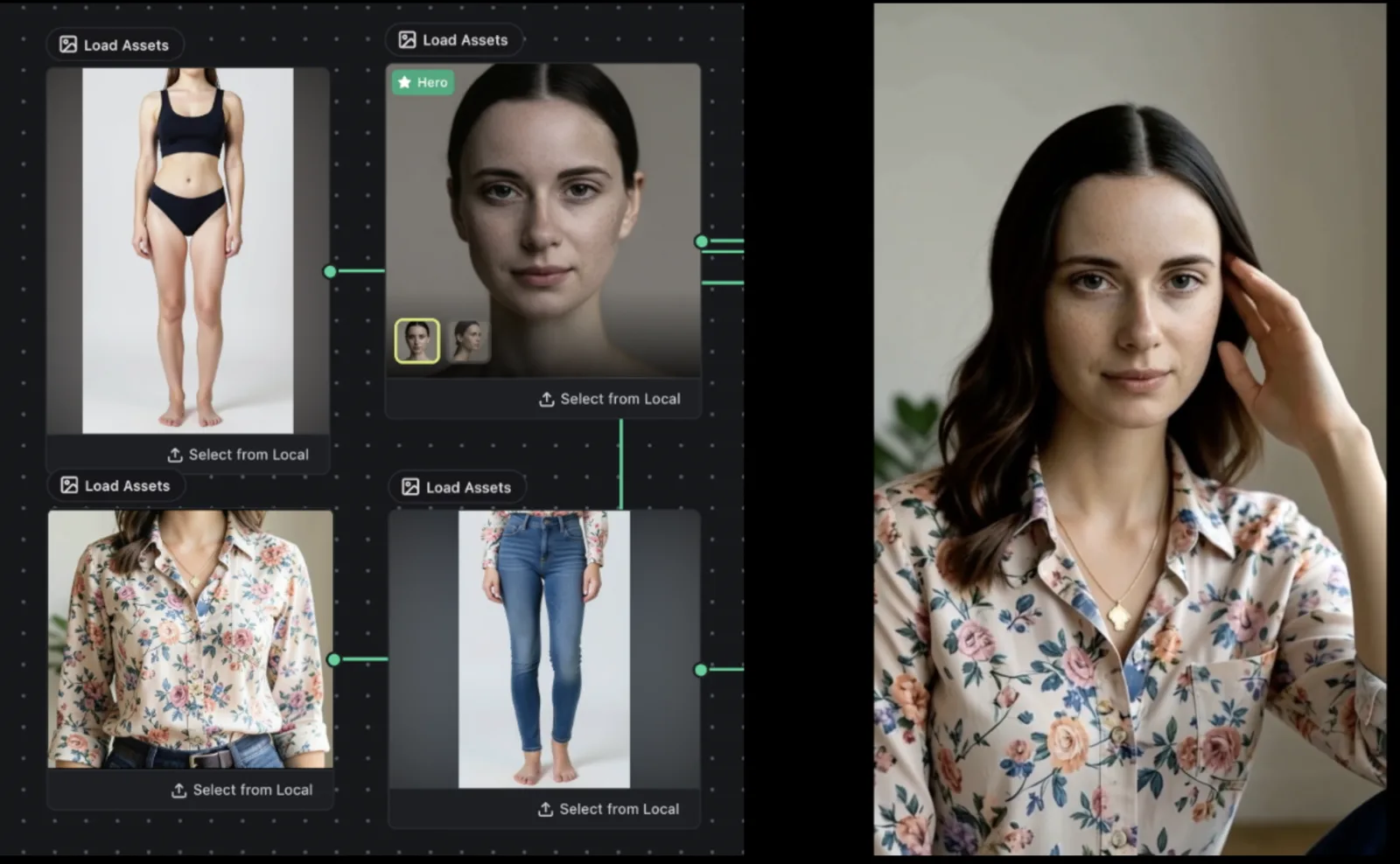 Body, face, shirt and jeans wired in as separate references, and the same person generated walking a street in that outfit