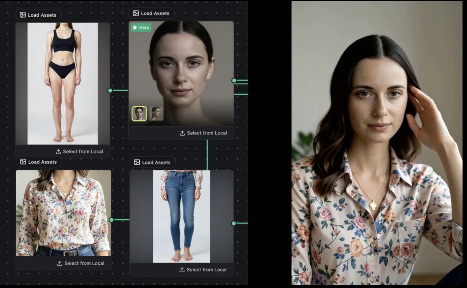 Body, face, shirt and jeans wired in as separate references, and the same person generated walking a street in that outfit