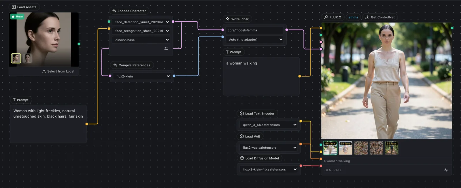 Omnichar Studio canvas with model nodes wired together and a generated image in the output preview