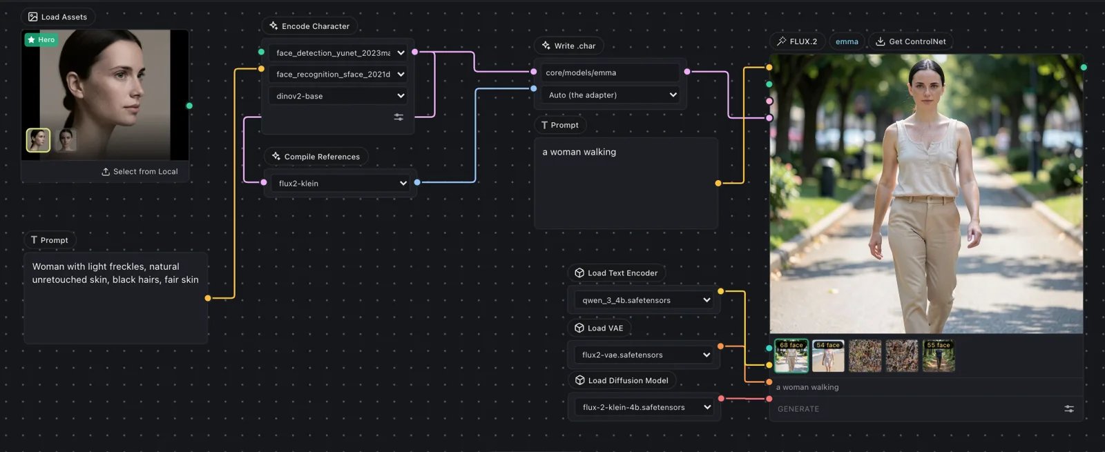 Omnichar Studio canvas with model nodes wired together and a generated image in the output preview