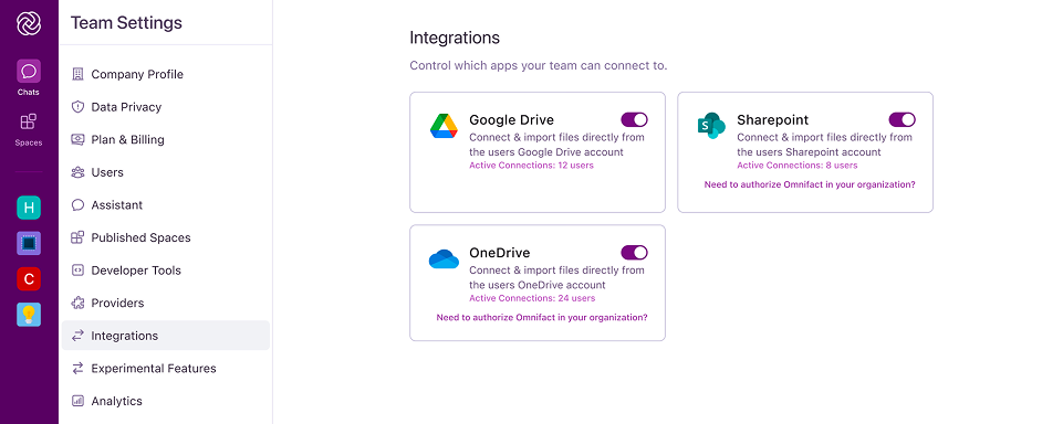 The Integrations dashboard showing cards for Google Drive, SharePoint, and OneDrive with toggle switches and active connection counts.