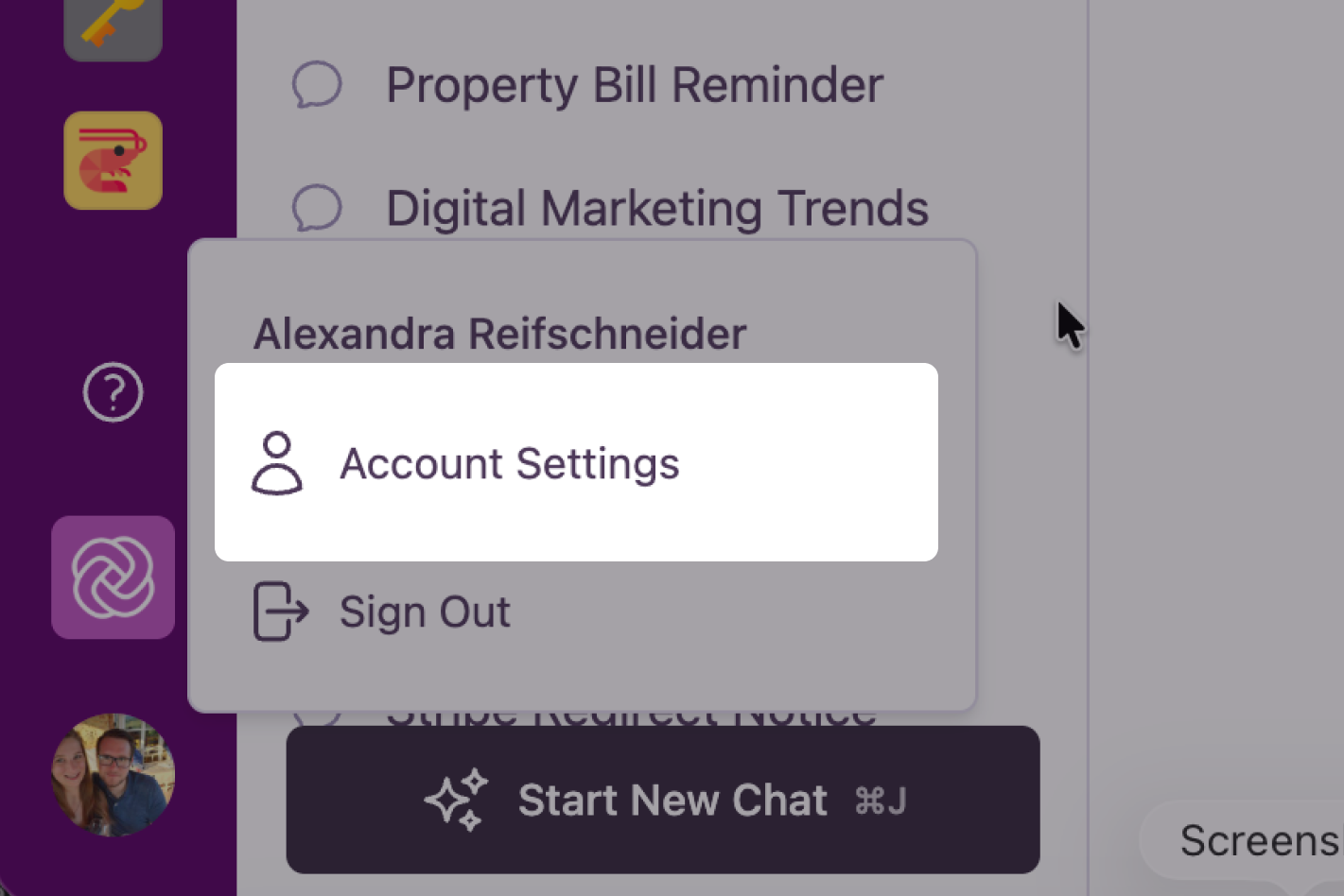 Das Navigationsmenü der Kontoeinstellungen