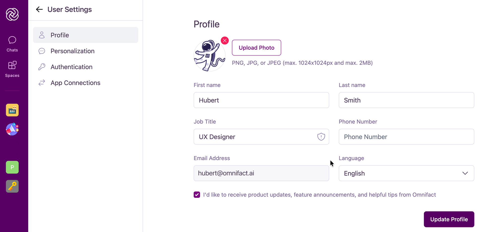 Benutzerprofil-Übersicht in den Kontoeinstellungen