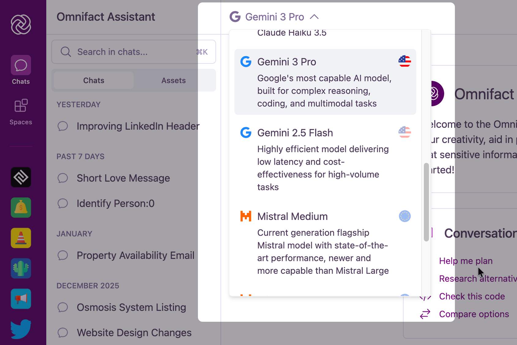 Die geöffnete Modellauswahl mit verfügbaren KI-Modellen, Anbieterlogo und Hosting-Region-Flag