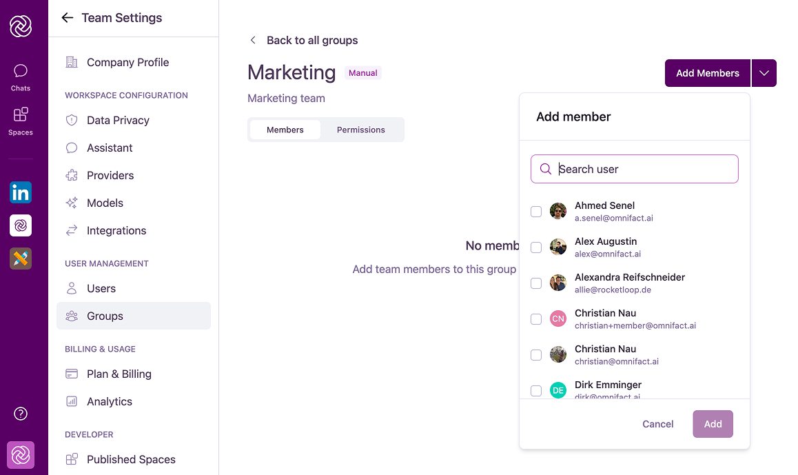 Add members popover to search and select users