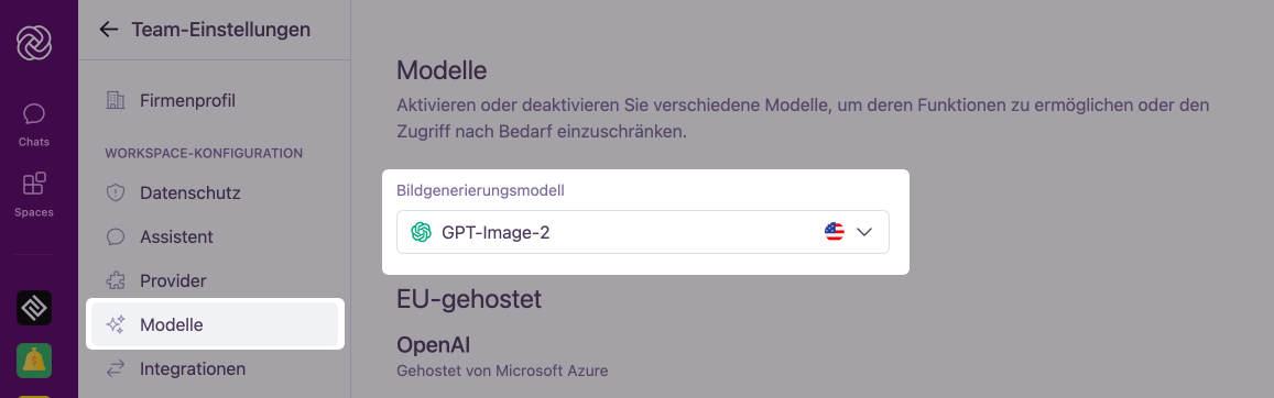 Der Bereich Bildgenerierung auf der Modelle-Seite mit Modellschaltern und einem Dropdown für das Standardmodell.