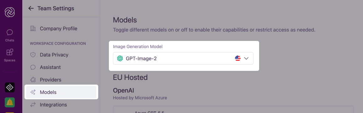 The Image Generation section on the Models page with model toggles and a default model dropdown.
