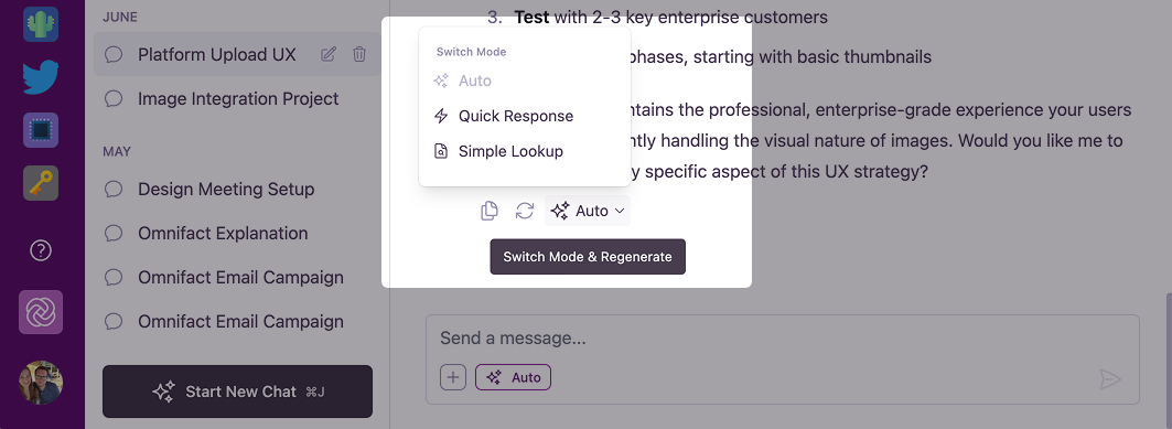 Response mode action buttons in the chat interface