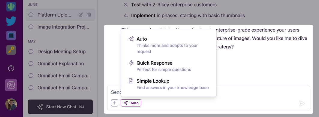 Response mode selector in the chat input area