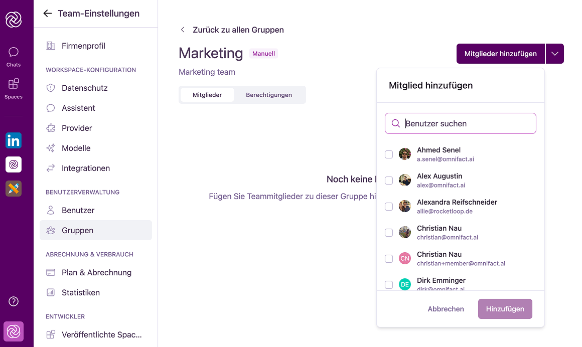 Popover 'Mitglieder hinzufügen' zum Suchen und Auswählen von Benutzern