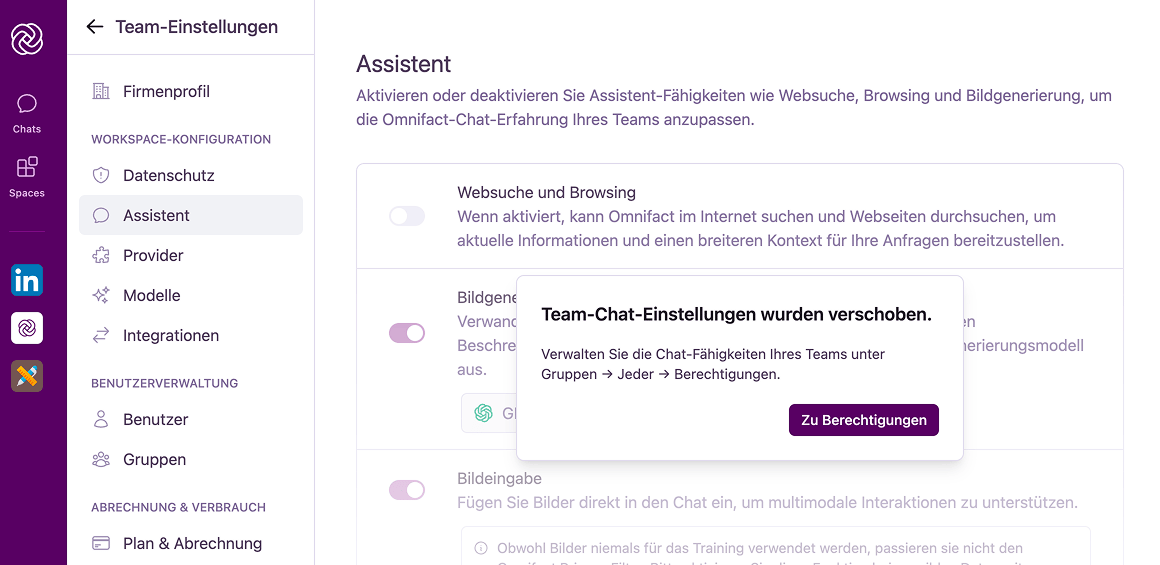 Das Popup-Fenster 'Die Team-Chat-Einstellungen wurden verschoben'.