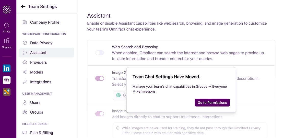 The Team Chat Settings Have Moved popup.