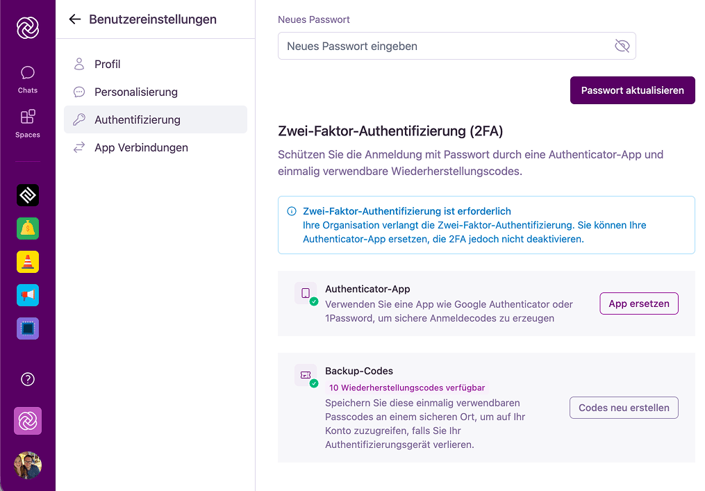 Der Reiter Authentifizierung in den Kontoeinstellungen mit Passwortfeldern und Optionen zur Zwei-Faktor-Authentifizierung.